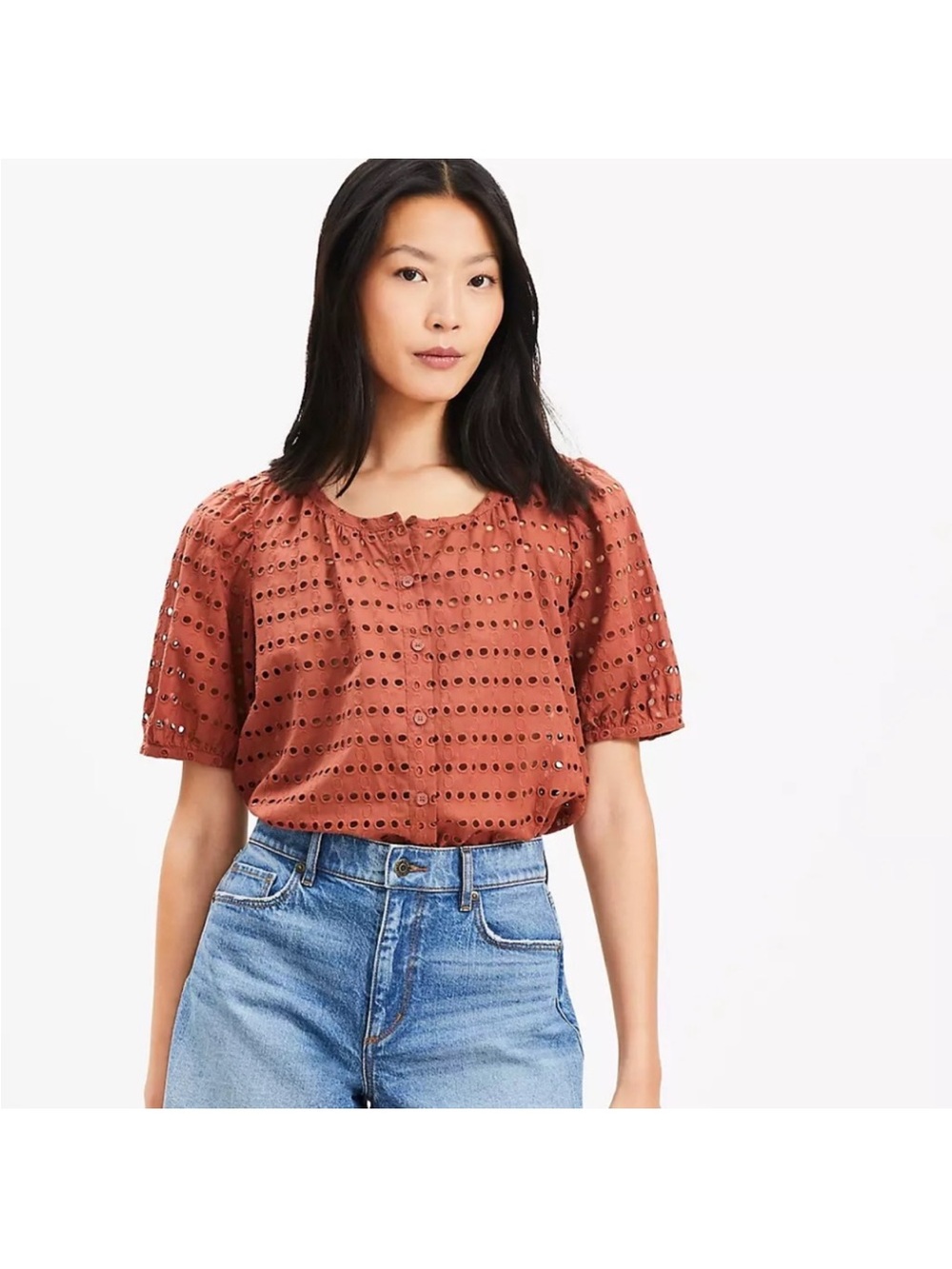 LOFT Rust Eyelet Button-Front Top - Picture 3 of 3